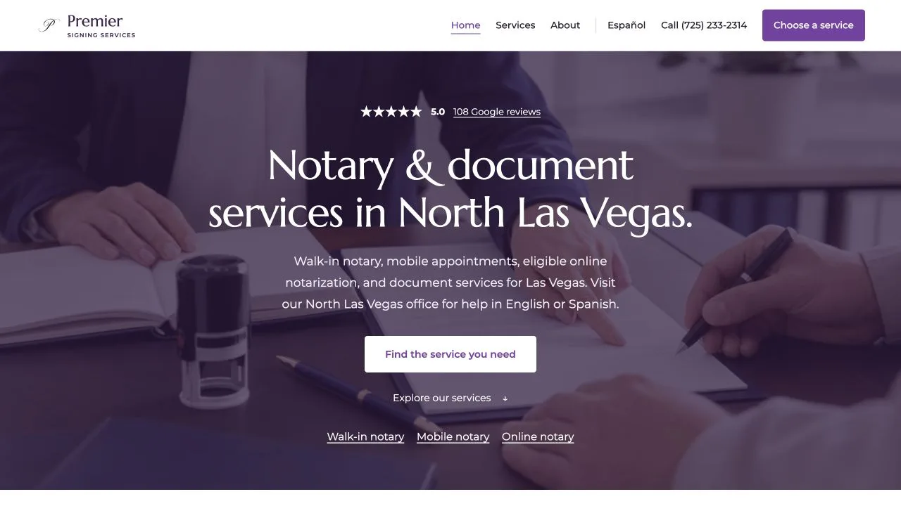Premier’s live website, with notary services and a clear service-selection button
